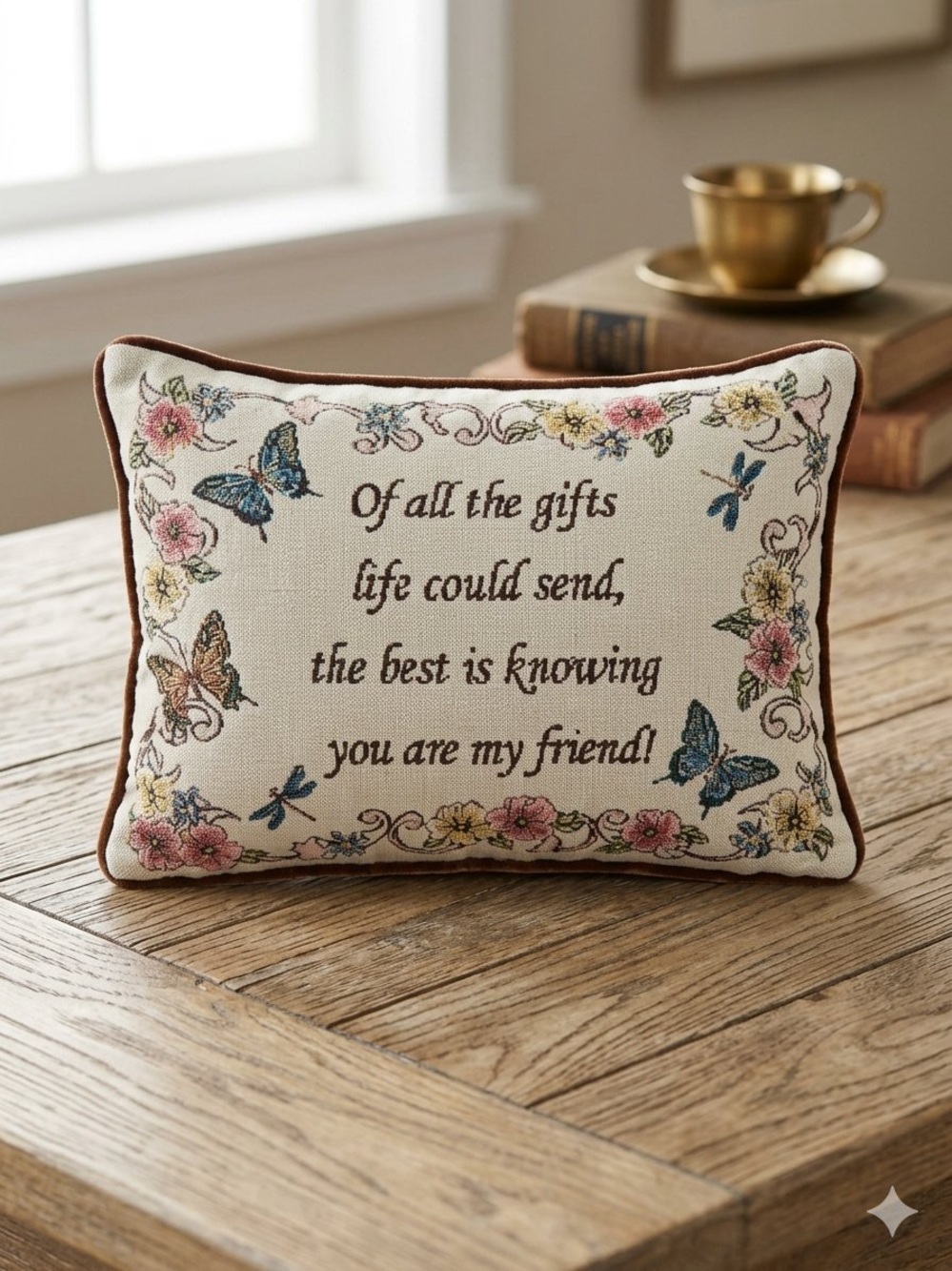 Source Unknown Cream Friendship Floral Embroidered Accent Pillow